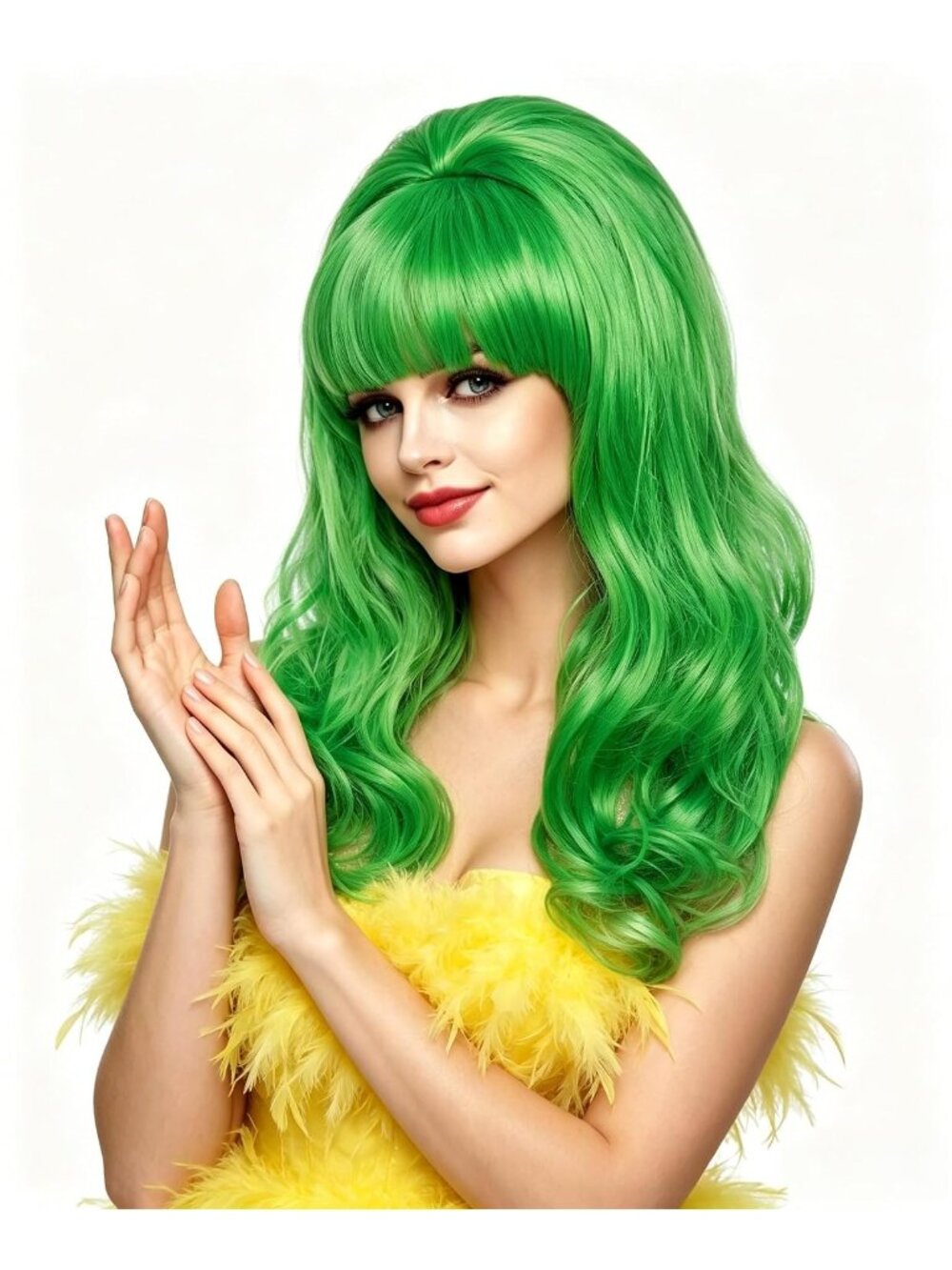 Women's Grass Green Heat Resistant Synthetic Fiber Retro Long Wavy Wigs Bangs